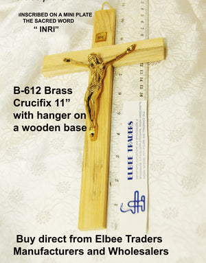 B 612 Brass Curcifix on wooden hanger base 11"        