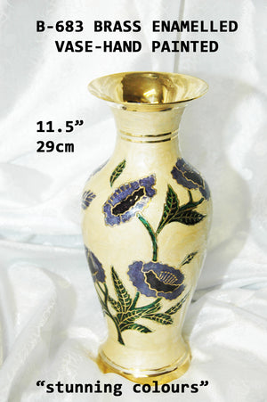 B 683 BRASS ENAMEL HAND PAINTED VASE 11.5"          