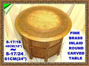S 17/18 WOODEN FINE BRASS INLAID ROUND CARVED TABEL         
