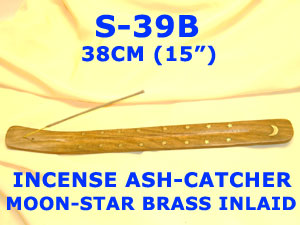 S 39B INCENSE ASH CATCHER MOON/STAR BRASS INLAID LONG 15"        