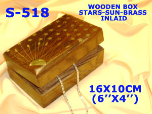 S 518 WOODEN BOX STARS SUN BRASS INLAID       