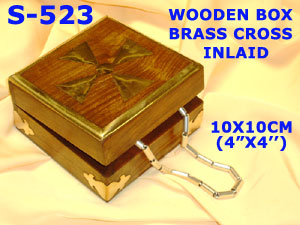S 523 WOODEN BOX BRASS CROSS INLAID         