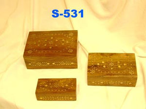 S 531 WOODEN BOX SET OF 3  BRASS INLAID         