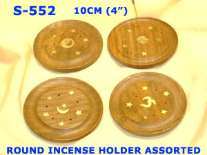 S 552 WOODEN ROUND INCENSE HOLDERS ASSORTED DESIGNS         
