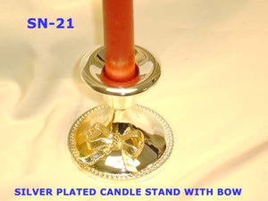 SN 21 SILVER PLATED BEAD CANDLE STAND WITH GOLDEN BOW         