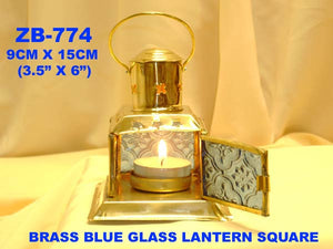 B 774 BRASS/BLUE GLASS LANTERN SQUARE          