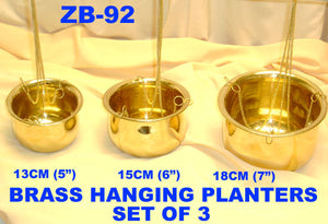 B 92 BRASS HANGING PLANTERS SET OF 3         